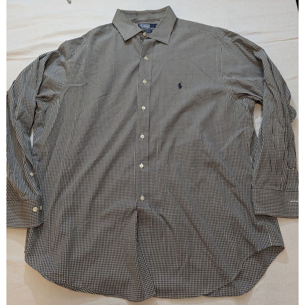 Polo Ralph Lauren Dress Shirt Mens 17.5 34 35 Black White Gingham Cotton